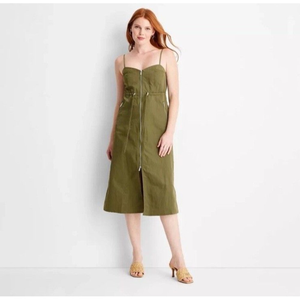 Women's Nylon Zip-Front Midi Dress - Future Collective Olive Green M